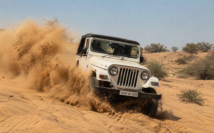 Open jeep throwing up sand in the desert